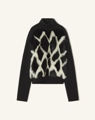 Maglione a collo alto in lana e pelle intarsiata